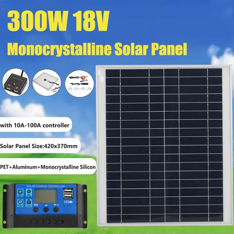 

300W Solar Panel Kit Portable 18V Aluminum Monocrystalline Dual USB Outdoor Rechargeable Solar Cell Power Bank for Phone RV Car