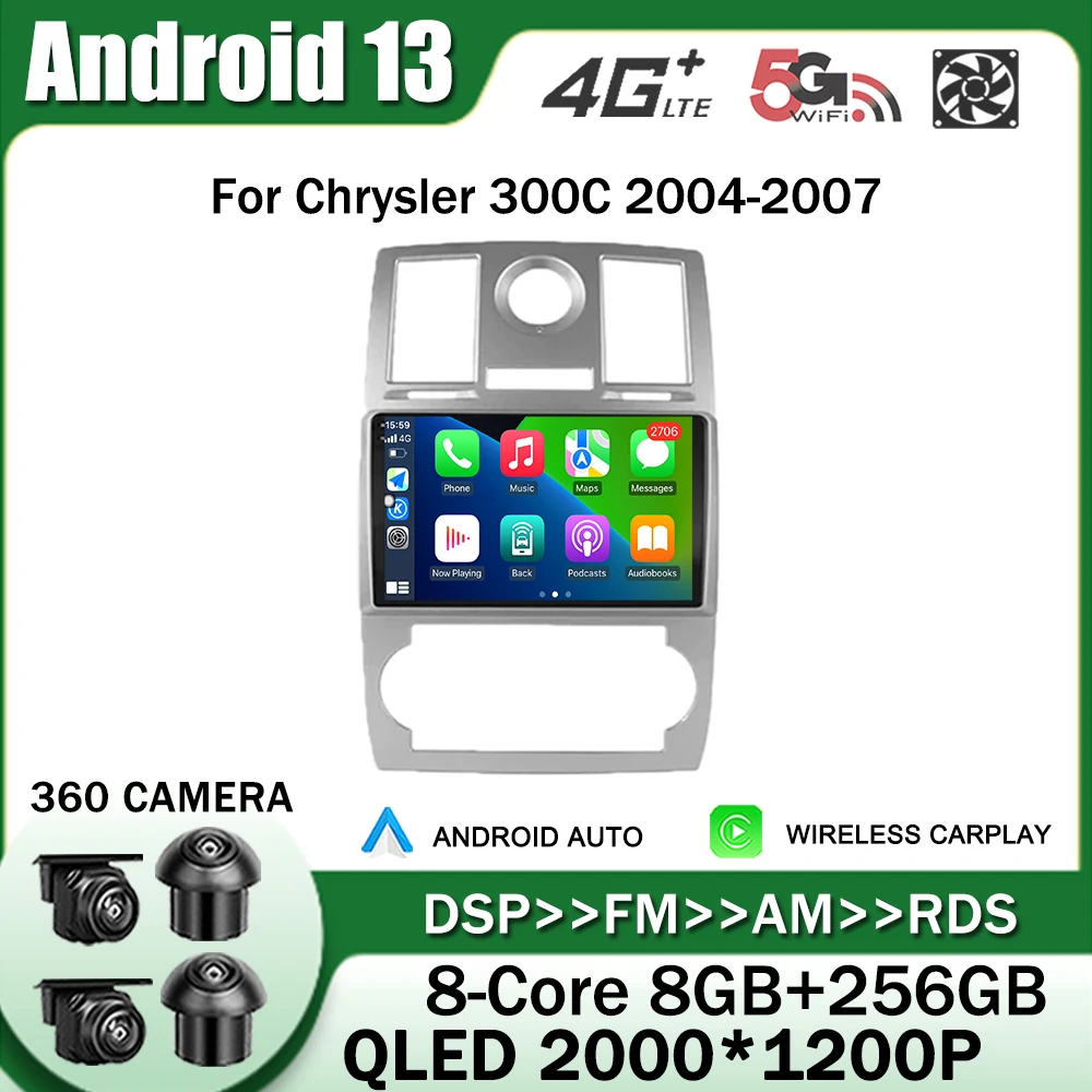 

Android 13 for Chrysler 300C 2004-2007 Car Radio Multimedia Player Navigation GPS Carplay 360 Camera QLED Screen WIFI NO 2Din