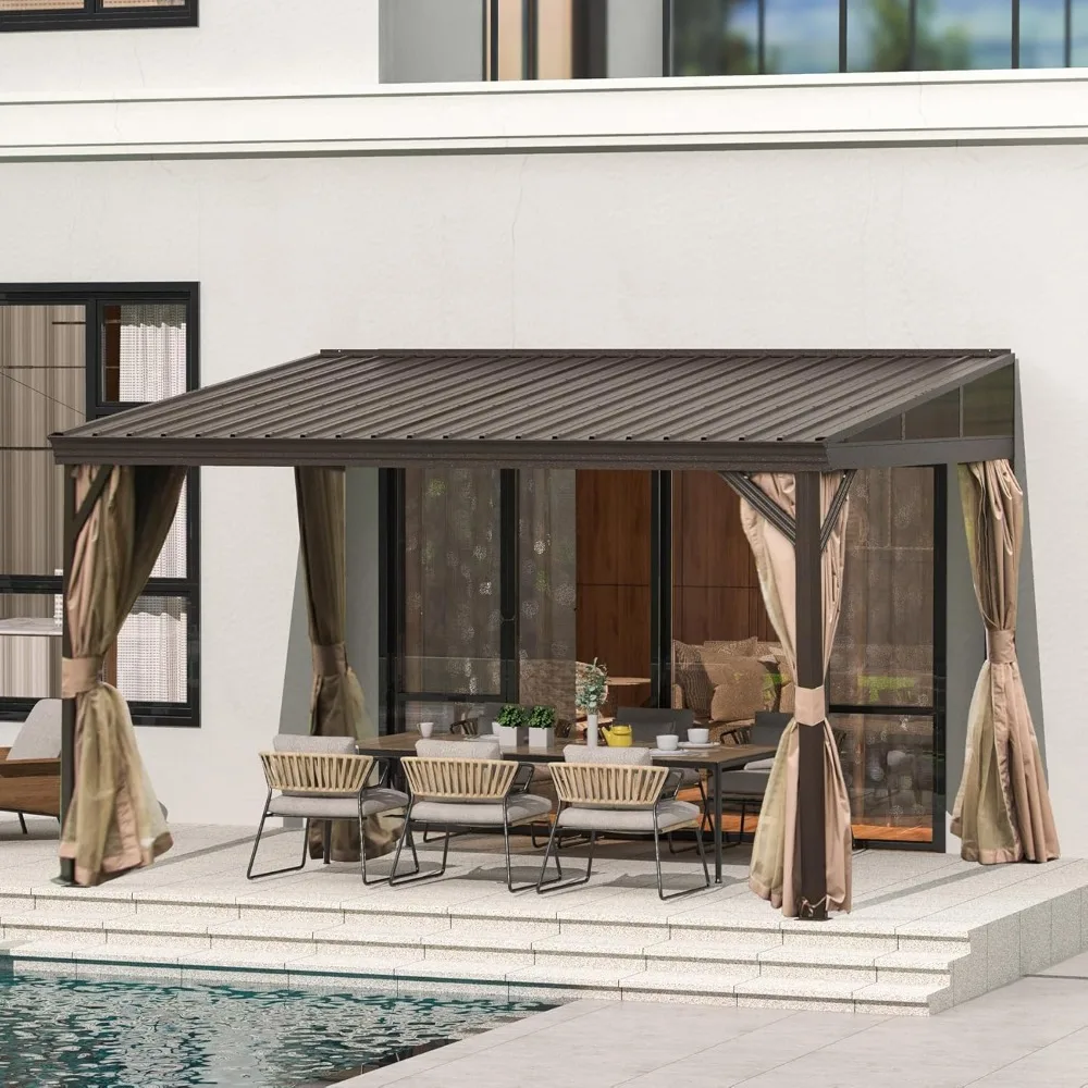 12x14FT Lean to Gazebo, Sloping Galvanized Steel Roof, Wall Pergola with Aluminum Frame, Curtains and Netting, for Patio