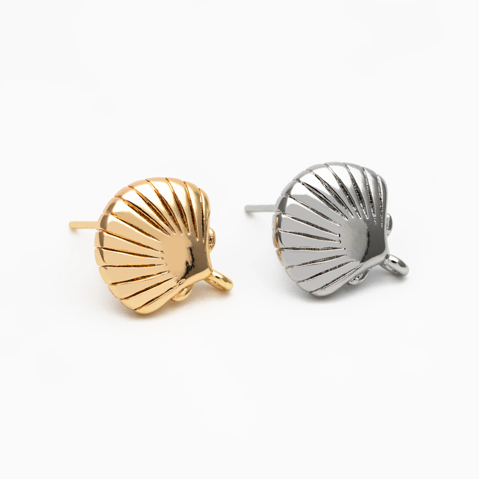 

10pcs Gold/ Silver Tone Shell Earring with Loop 14x13mm, Gold/ Rhodium Plated Brass Seashell Stud Earrings (GB-4339)