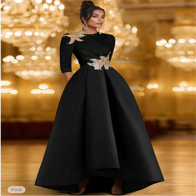 A-Linie, bodenlanges Abendkleid, Ballkleid, formelles Kleid, elegant, seidig, lange Ärmel, Rundhalsausschnitt, Hochzeit, formeller Satin mit Glitzer