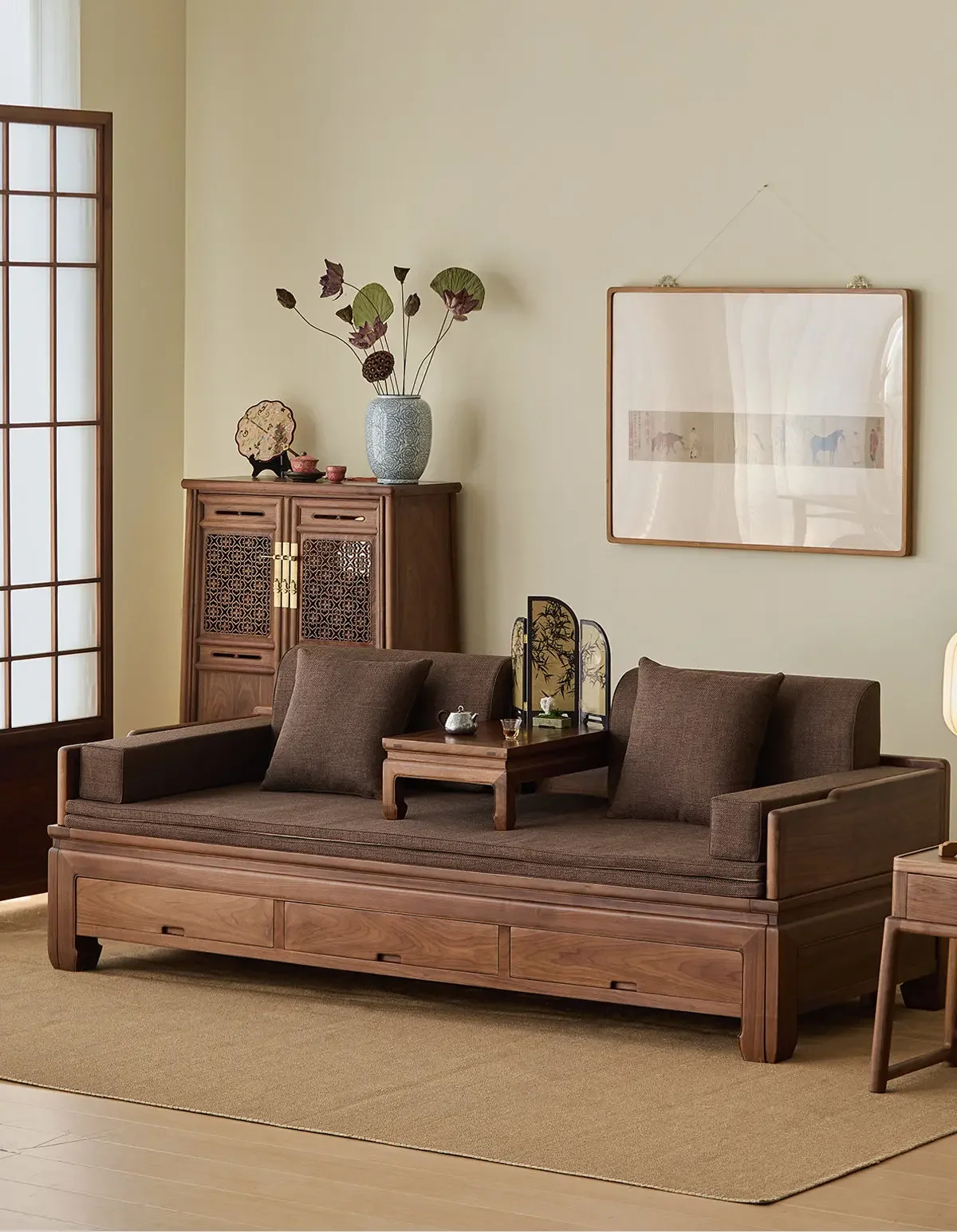l23 New Chinese-style North American black walnut push-pull solid wood Arhat bed Song-style aesthetic sofa