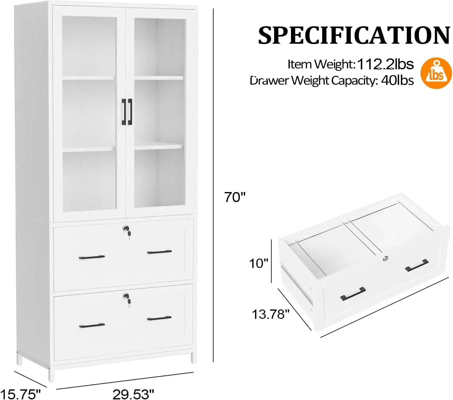 Archivador Lateral con puertas de vidrio y cajón de bloqueo para carpetas de archivos colgantes, estantería con estantes ajustables