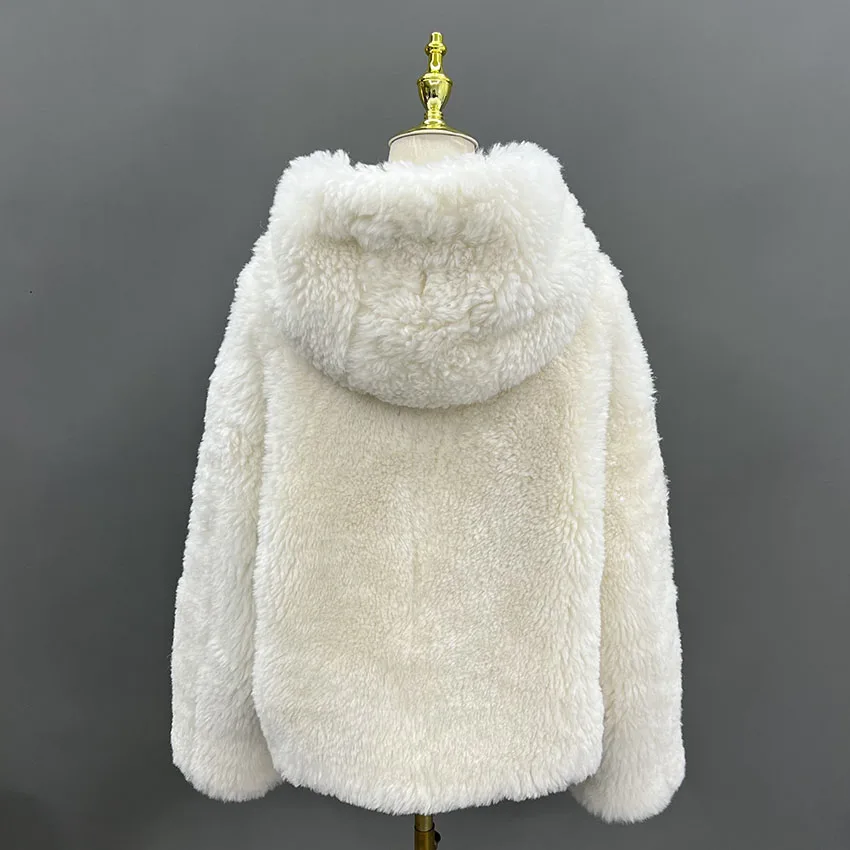 JANEFUR Damen Winter Warmer Mantel Echtpelz Wolle Lammfell Mantel Mode Weiß Niedlich Flauschiger Stil JFB9-25014