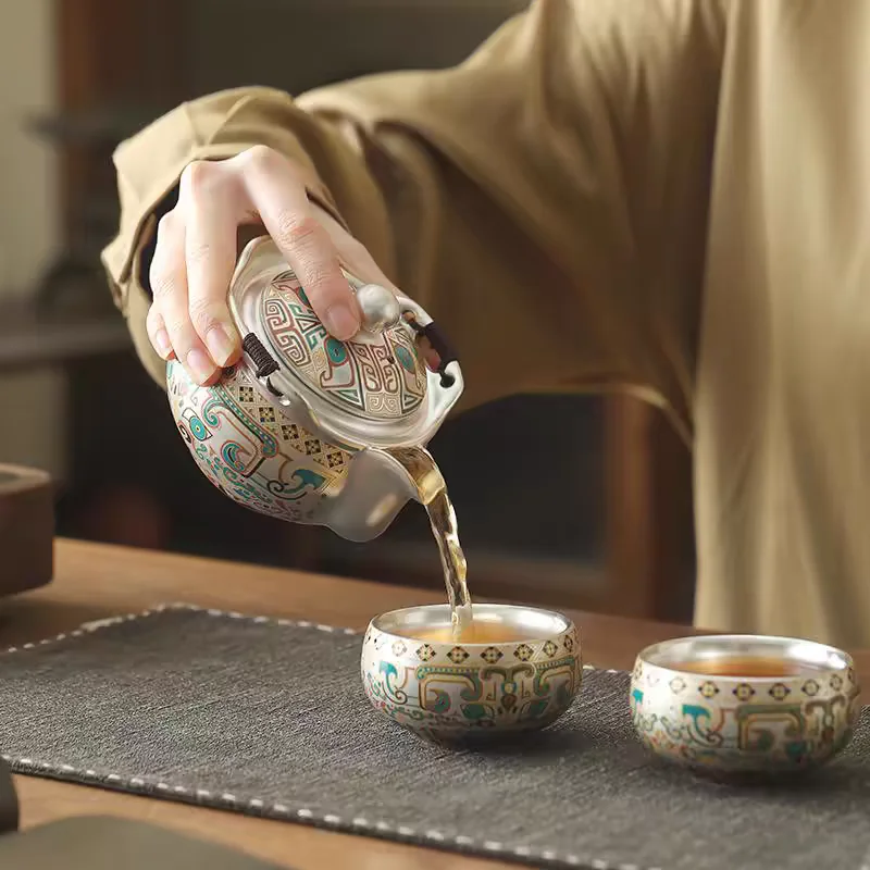 

999 Gilded Silver Kung Fu Tea Set, Gluttonous Pattern, Song Yu Handmade Silver Pot, One Pot, Two Cups