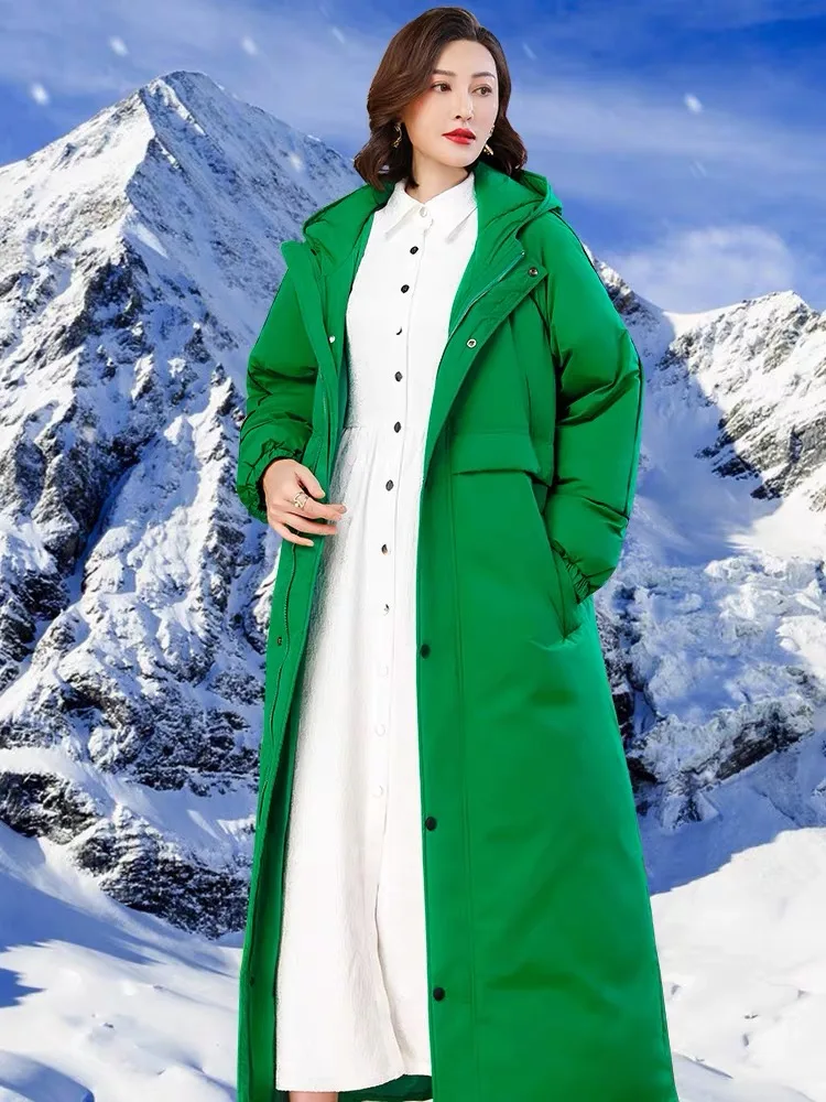 130cm Great Quality Duck Down Coats Winter Women\'s Green Hooded down coats female thicker warm jacket Fluffy Parkas wy1806