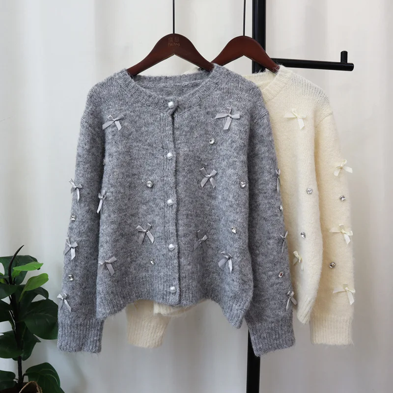 Sweet Chic Bow Diamond Cardigan Loose O-neck Ropa Mujer 2024 New Woman Outerwear Korean Sweater Single Breasted Cardigans