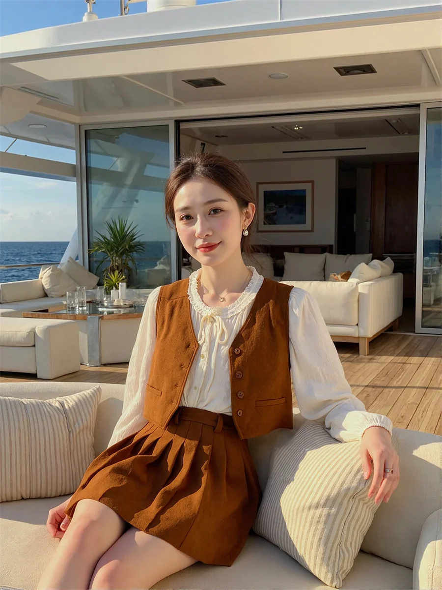 Женские жилеты, женские зимние жилеты в корейском стиле, коричневые, с несколькими карманами, осенние, с толстым шнурком на талии, мешковатые, без рукавов, модные