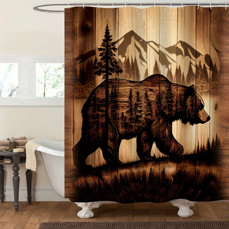 1/4pcs Deluxe Bear Pattern Essentials Set - Waterproof Shower Curtain with Rust-Resistant Hooks, Non-Slip Bathroom Back,