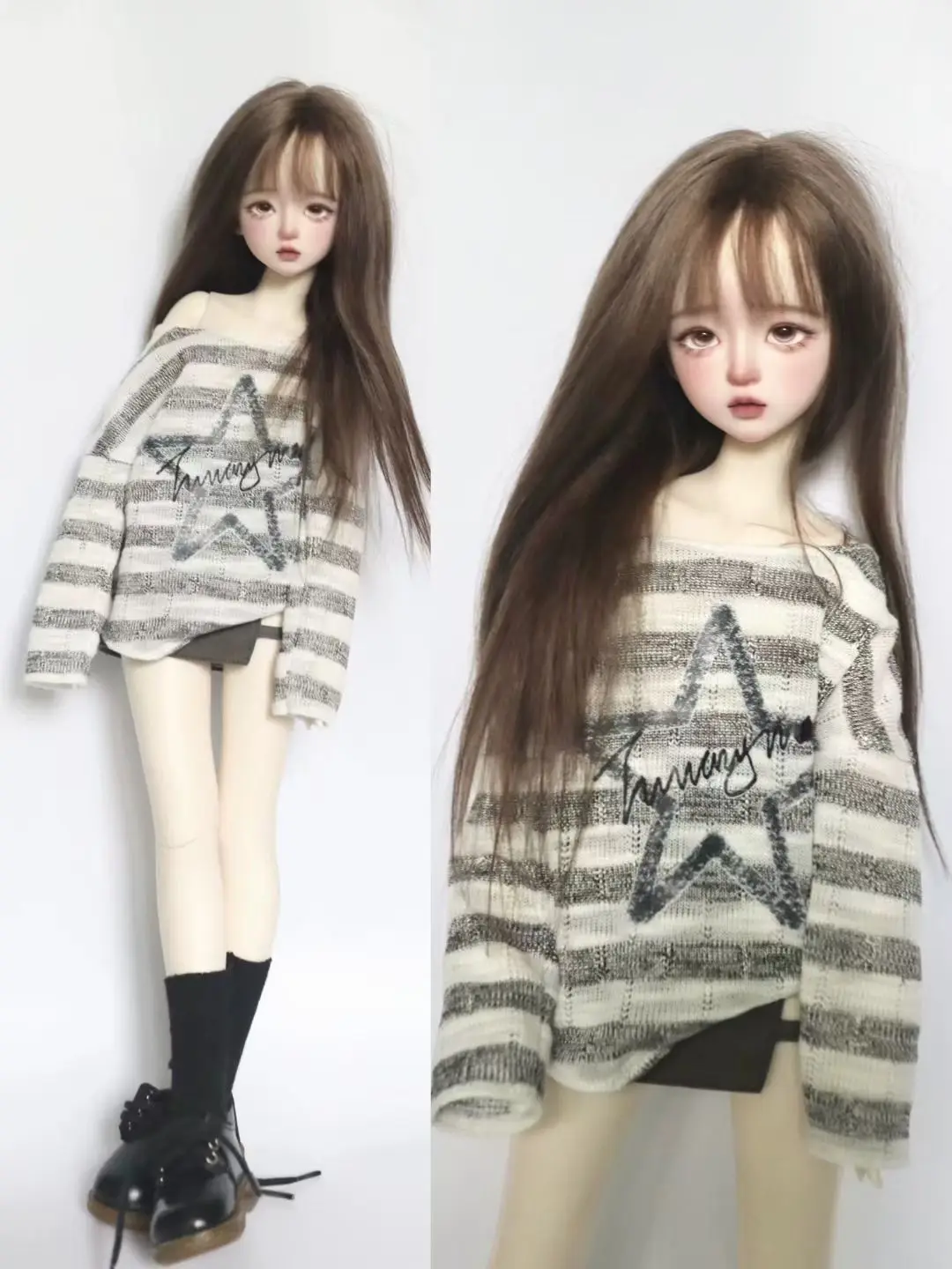 Roupas de boneca bjd (1/4 bjd), roupas de bebê, tops de malha, roupas listradas, padrões de estrelas e saias curtas com pernas expostas