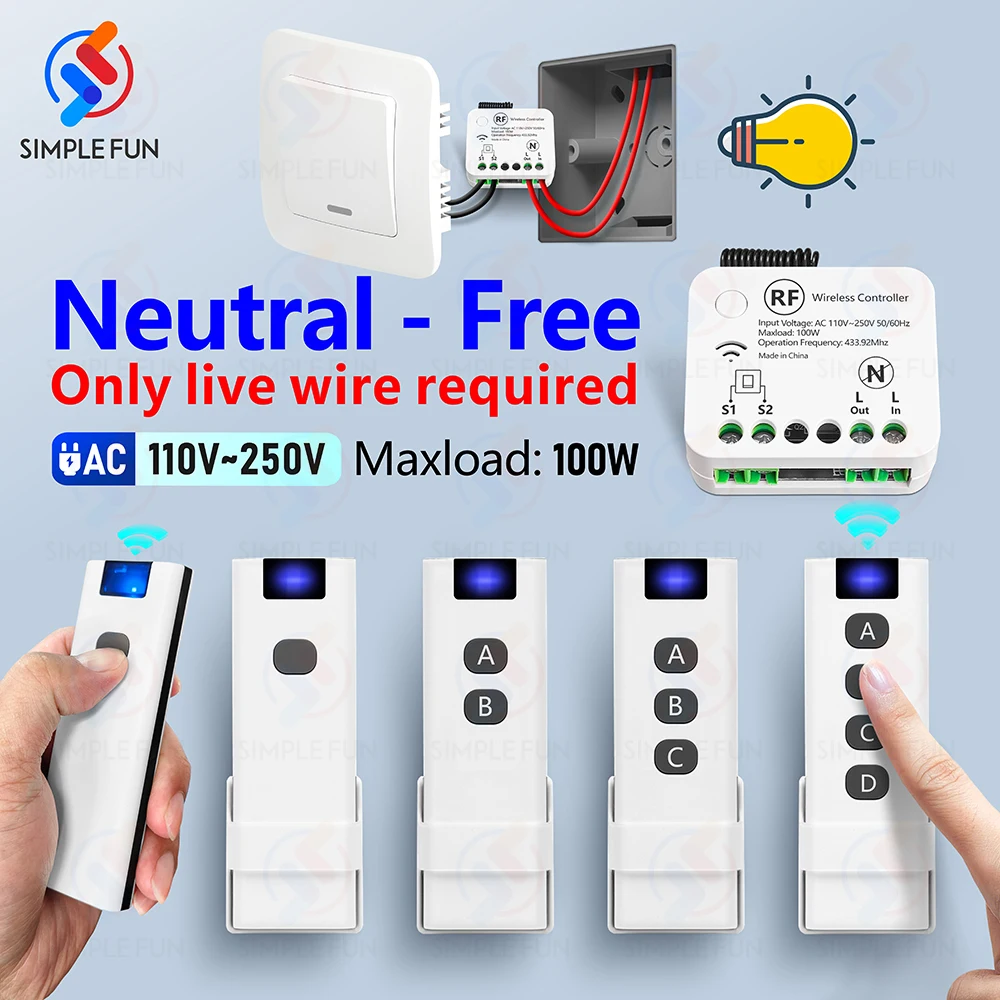 433MHZ Wireless Light Switch No Neutral Wire Required 110V 220V 230V Single Live Wire Mini Relay Module Work with Manual Switch