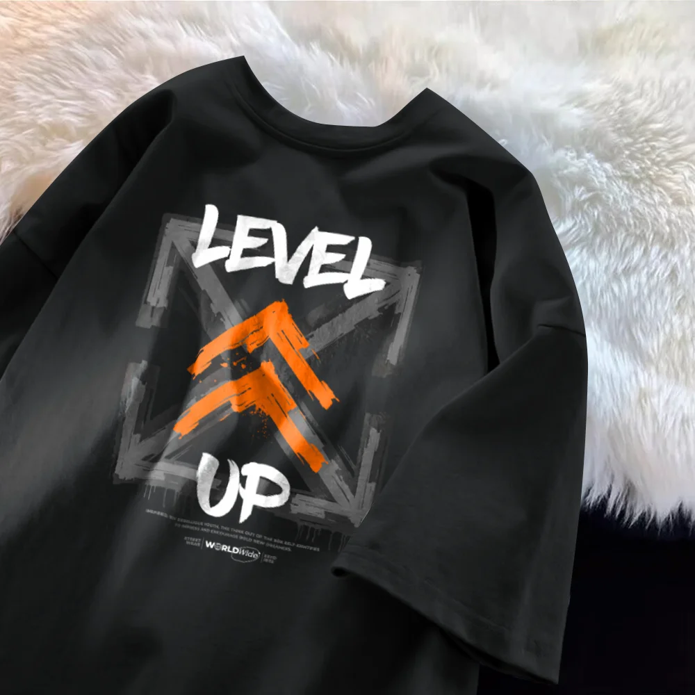 Level Up Printed T-shirt for Mens Loose Clothing Casual Tops O-neck Shirts Graphic Tee Cotton Short Sleeve Tee Fashion Shirt