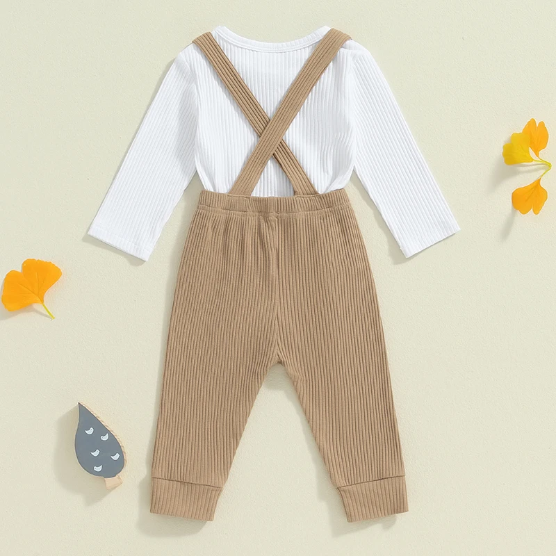 Baby Boy Ribbed Outfit Long Sleeve Button Romper Bowtie Bodysuit Suspender Pants Overalls Knit Jumpsuit Fall Clothes