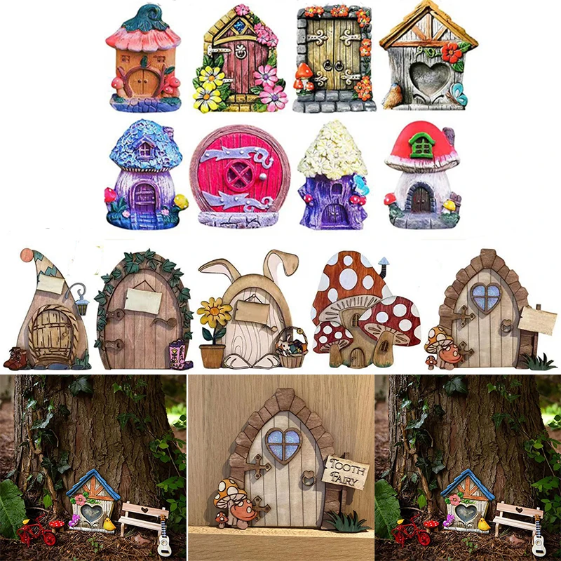 Mini Home Decorations Wood Dollhouse Fairy Elf Door Fairy Tale Gate Door Decoration Craft Ornaments Garden Courtyard Decoration