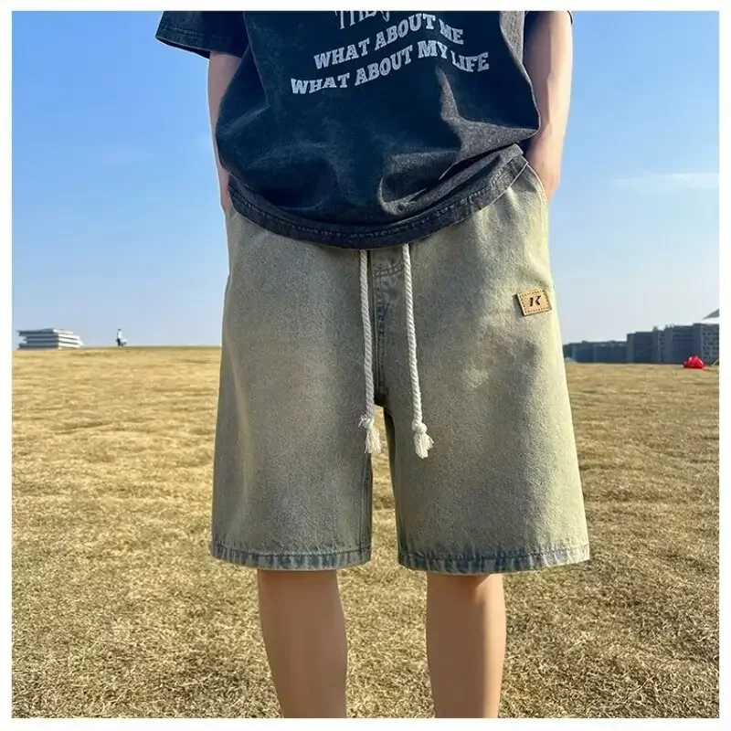 Celana Pendek Denim Pria Gaya Hong Trendi Celana Pendek Ala Jalanan Gaya Amerika Serut Antik Ceruk untuk Musim Panas