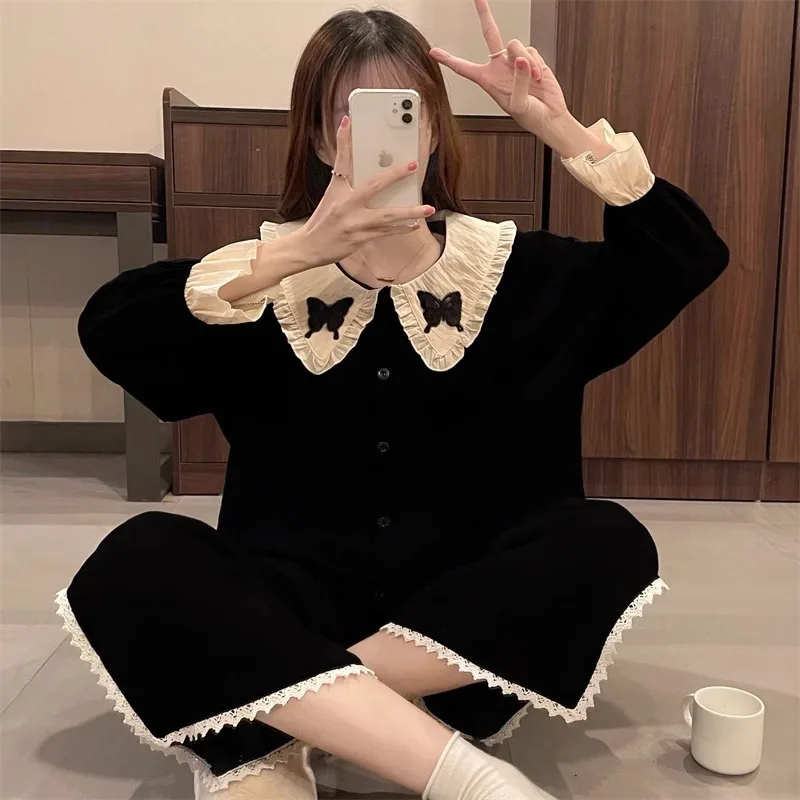 Korean-Style Instagram-Inspired Sleepwear For Women: New Spring/Fall Collection—Black Long-Sleeve Sweet And Girly Loungewear Set