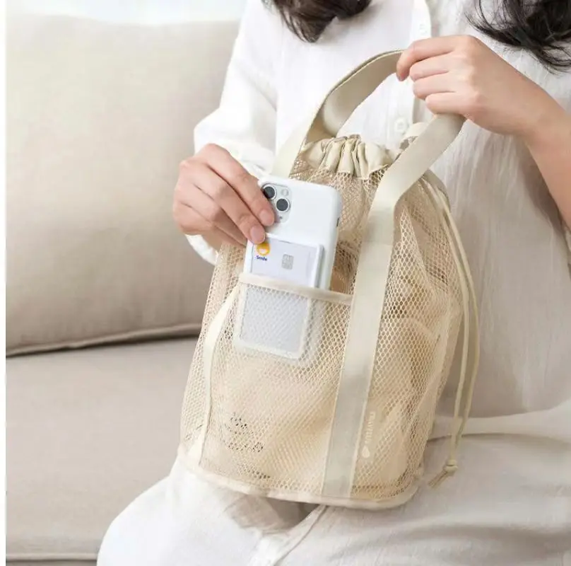 Foldable Mesh Drawstring Handbag Lightweight Travel Laundry Swim Toiletry Organizer Pouch