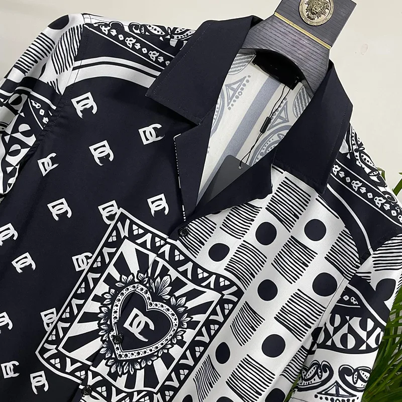 Luxury Royal Shirt Men Casual Letter Printed Short Sleeve Mens Social Paisley Shirt Manga Longa Prom Party Shirts Chemise Homme