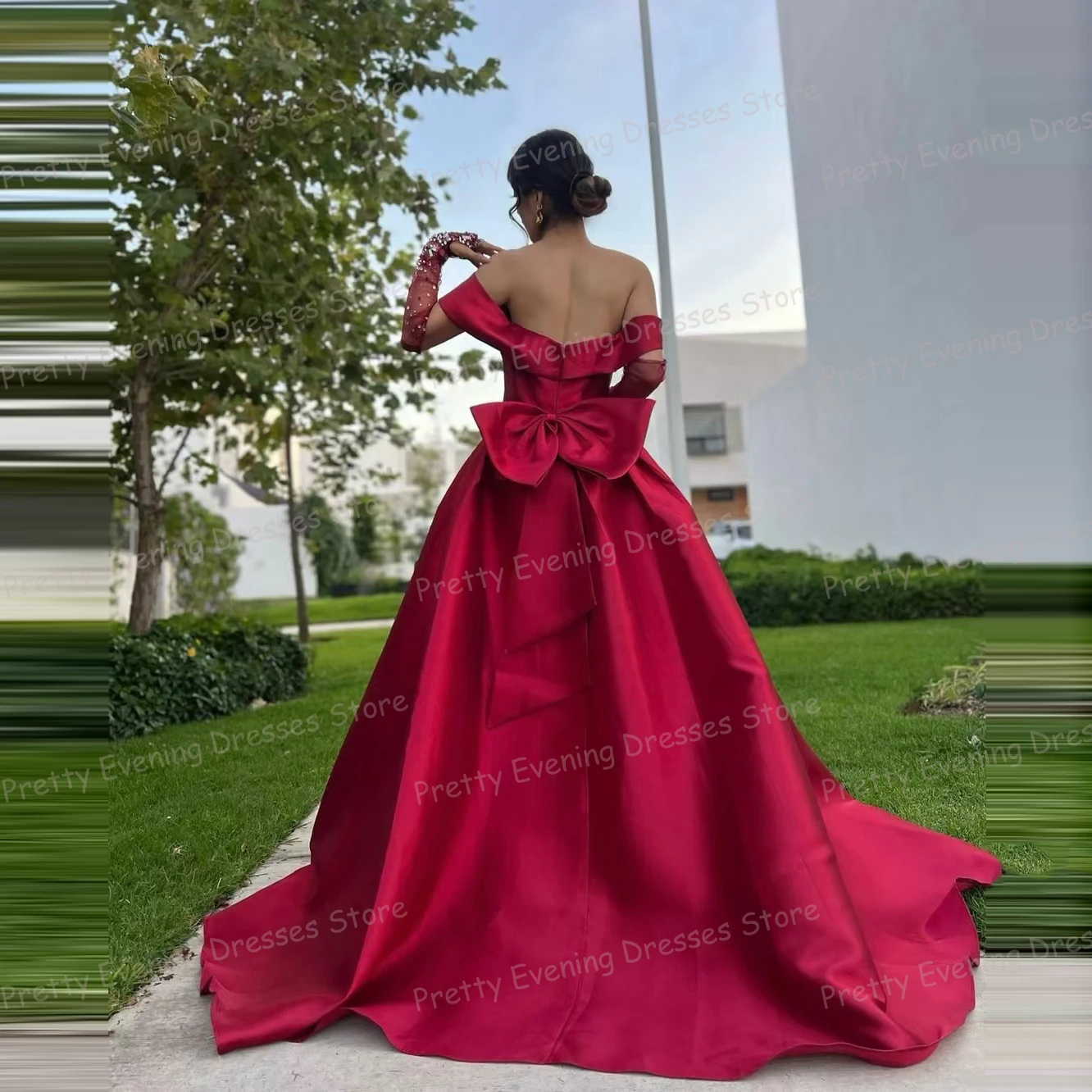 Simple Red Evening Dresses Woman's Sexy A Line Prom Growns Side Split Bow Backless Formal Fashion Vestidos De Noche Customized