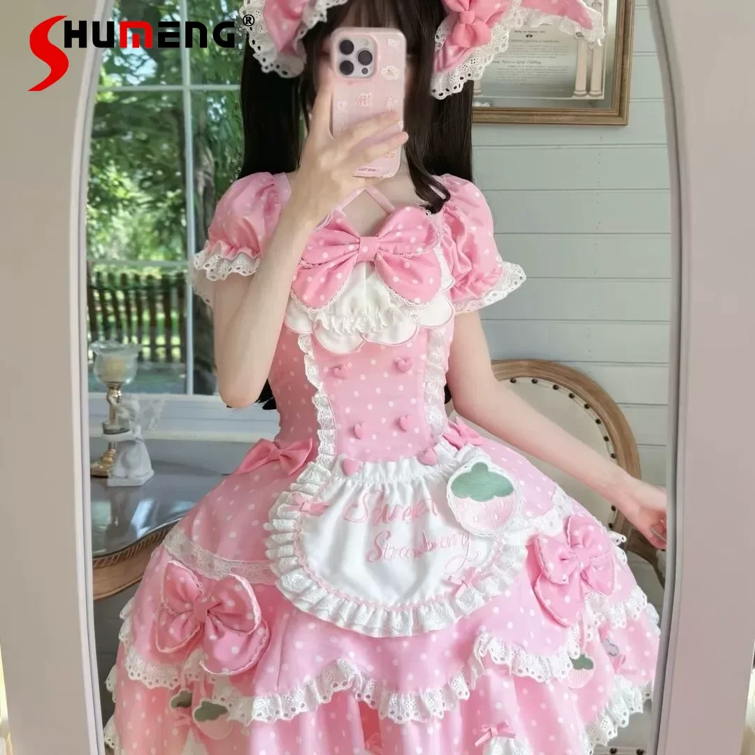 

Sweet Soft Girls Pink Lolita Dress OP Japanese Girls Cute Bow Polka Dot Strawberry Print Birthday Party Dress for Women 2025