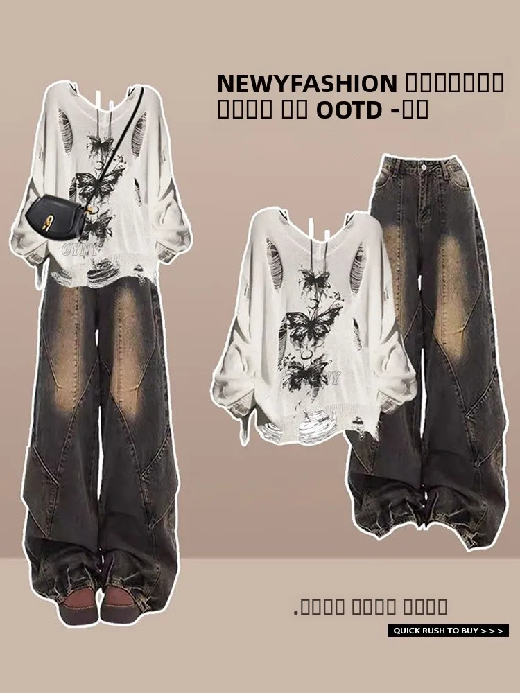

Модный женский комплект из футболки, ажурный топ, винтажные джинсовые брюки, длинный свеч, V-Ne, осенний новый универсальный ансамбль