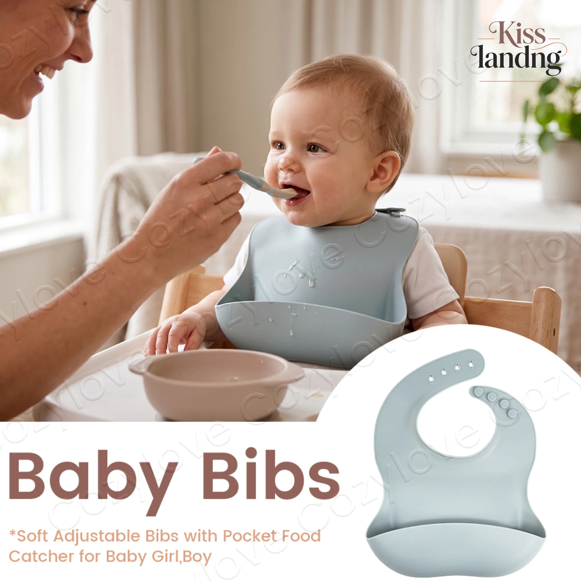 Waterproof Silicone Baby Feeding Bib | Multi Snap Adjustable Neckband Food Catcher Bib,Lightweight Foldable Bib for Travel