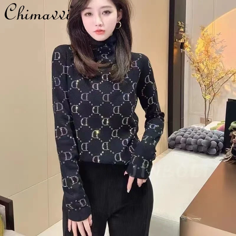 European Heavy Hot Drilling Fashion Letter Bottoming Shirt Women Autumn New Thick Slim Long Sleeve Black Slim Pullovers Knit Top