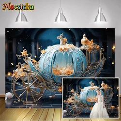 Mocsicka Blue Pumpkin Carriage Backdrop for Photography Fairy Princess Girl Portrait Photo Background for Studio Photocall Props