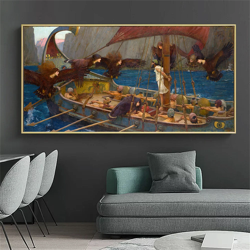 Vintage Canvas Painting John William Waterhouse Ulysses And The Sirens 1891 Retro Oil Painting Prints Canvas Painting Decor
