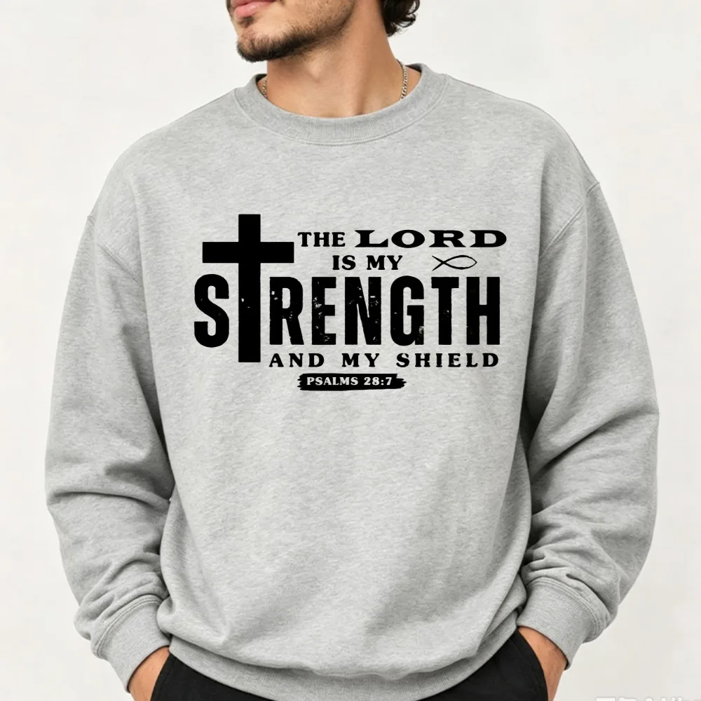 The Lord Is My Strength and My Shield Cross Graphic Sweatshirt Psalms Bible Verse Christian Faith Believer Soft Casual Pullover