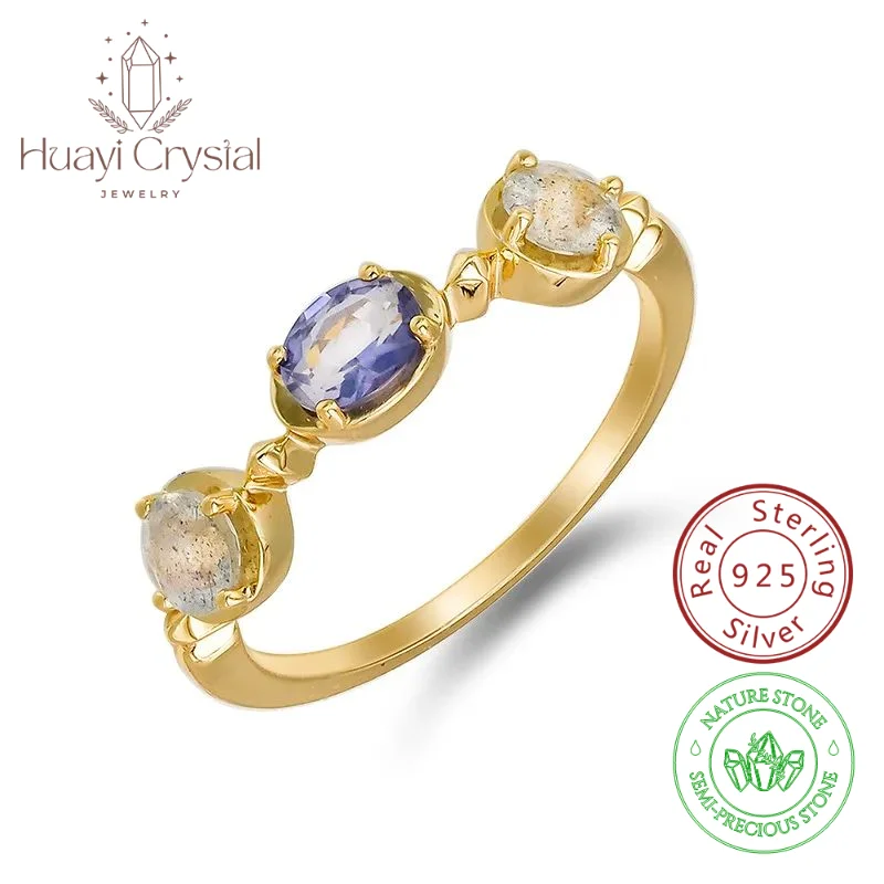 Simple color gemstone moonlight goddess lapis lazuli labradorite S925 silver plated 14k gold ring