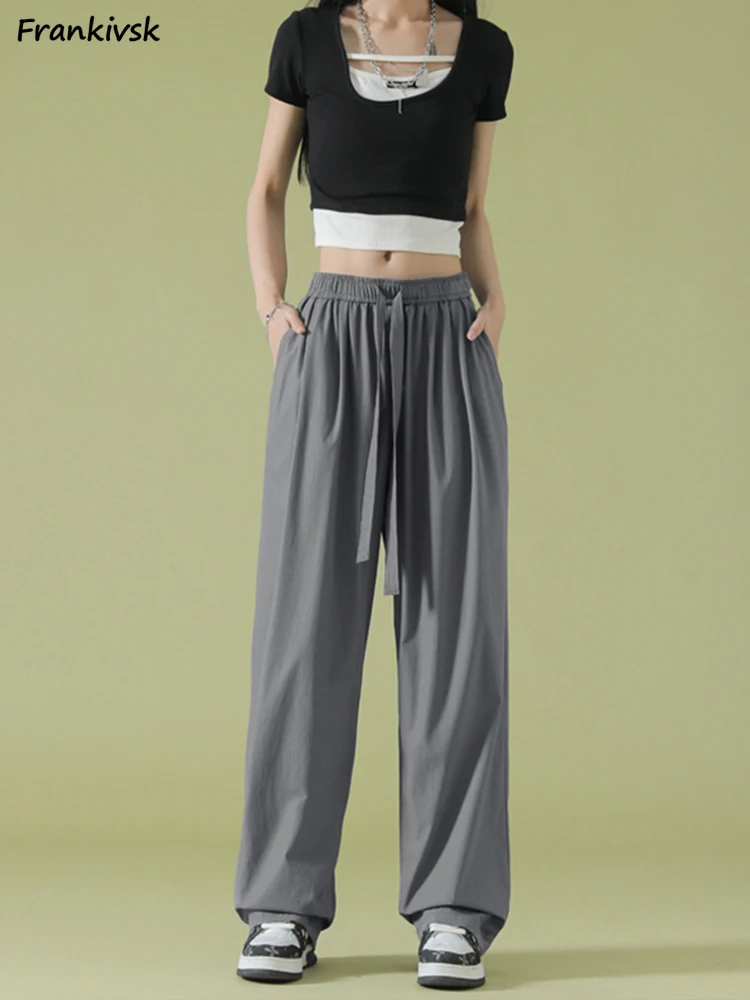 

Wide Leg Pants Women Pleated Loose Summer Solid Thin Japanese Style Simple All-match Leisure Harajuku Full Length Drawstring