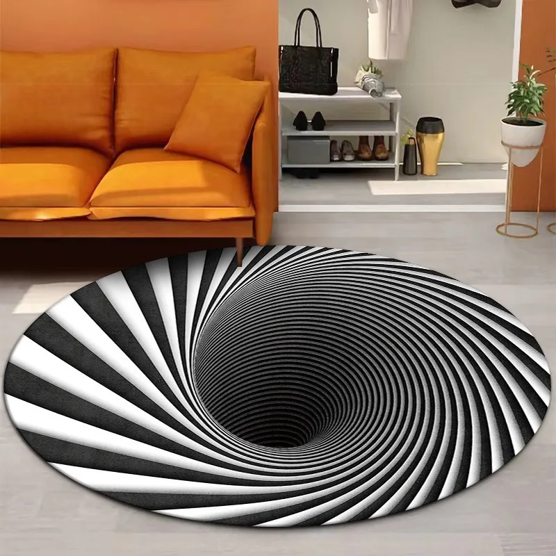 3D Optical Illusion Print Round Rug Non Slip Vortex Hole Visual Trap Floor Mat Funny Decor Carpet Living Room Entrance Indoor