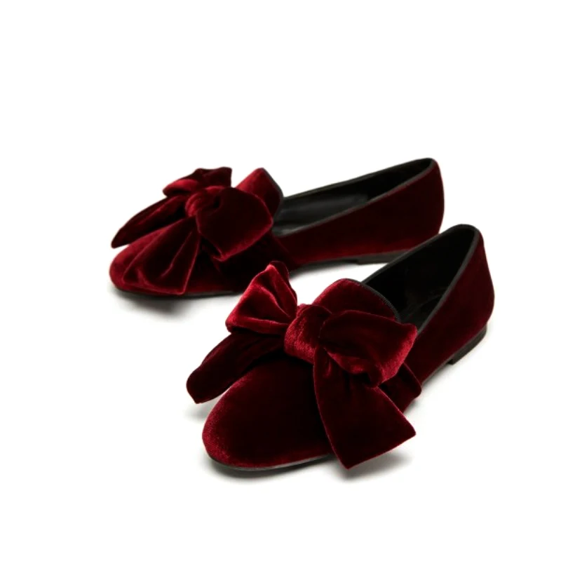 Burgundy Velvet Round Toe Big Butterfly Knot Flat Shoes Slip On Casual Loafers Girls Comfortable Low Top Casual Flats