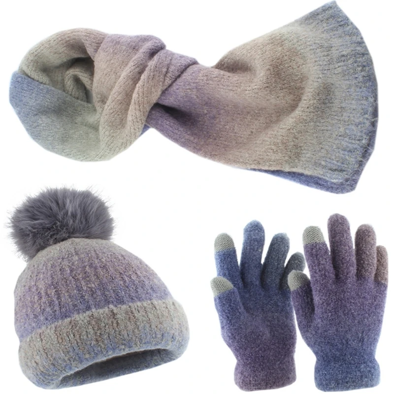 Farbverlaufs-Set aus Strickmütze, Schal und Handschuhen für Erwachsene, Damen und Herren, Unisex-Strickwaren-Set für bei kaltem