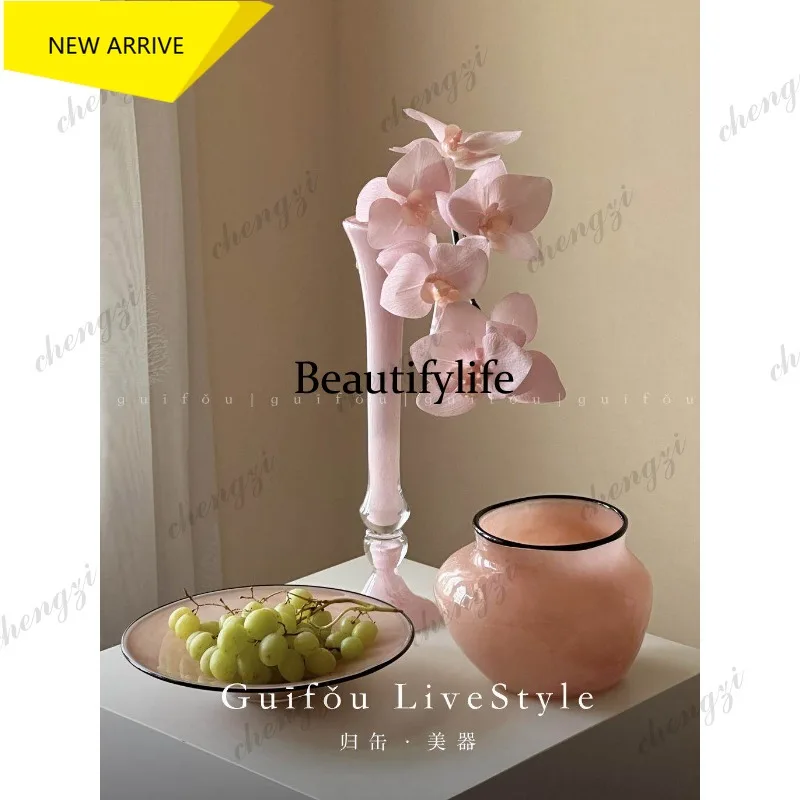 L181 slender tall pink glass glazed vase, high-end design sense, niche medieval ornament