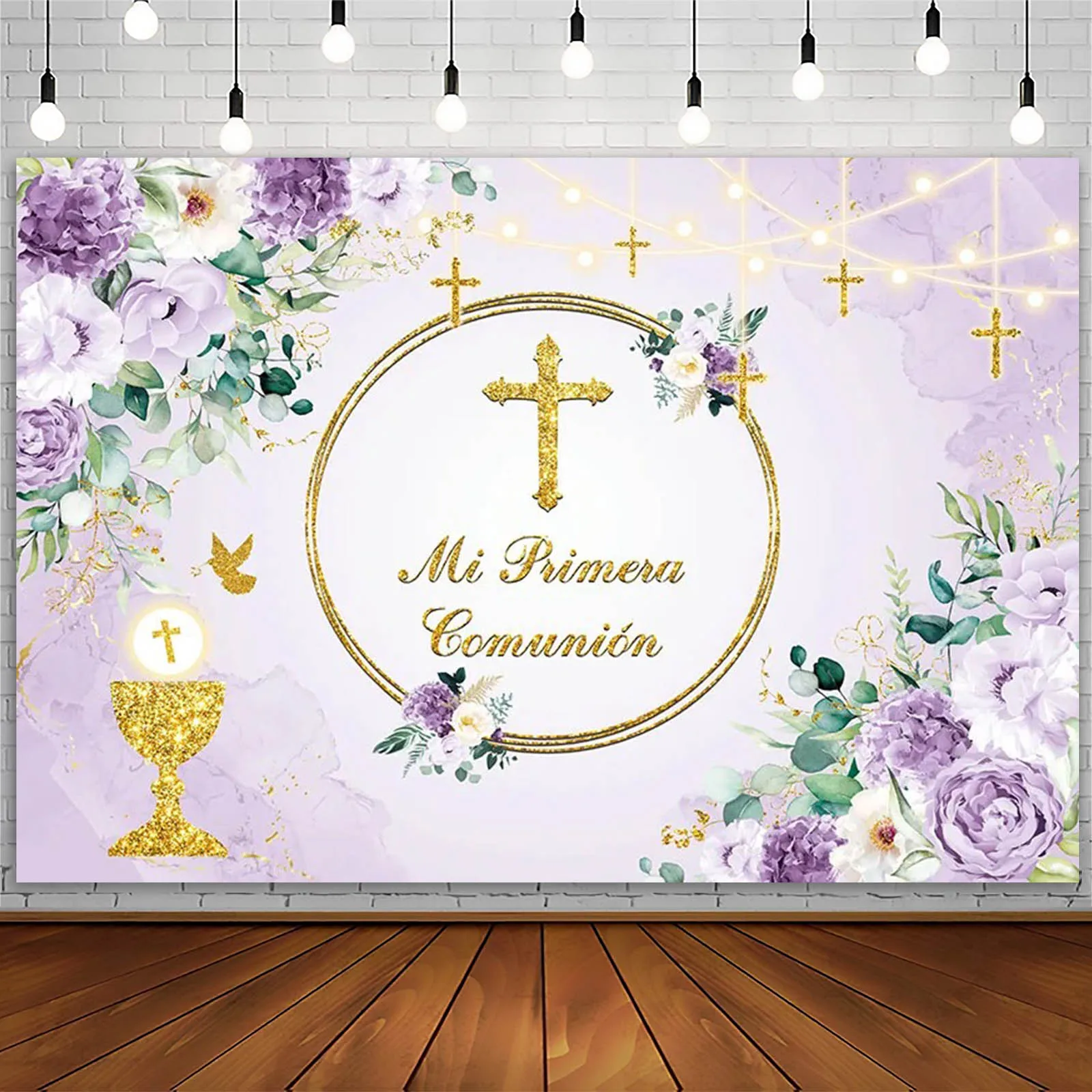 AIBIIN Baptism Photography Backdrop Gold Cross Yellow Flower Green Leaf First Holy Communion Background Christening Party Decor