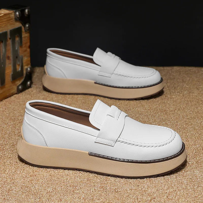 

Classic Thick-Sole Leather Loafers Men Round-Toe Outdoor Comfortable Versatile Anti-Slip Casual Dress Shoes Plus Size