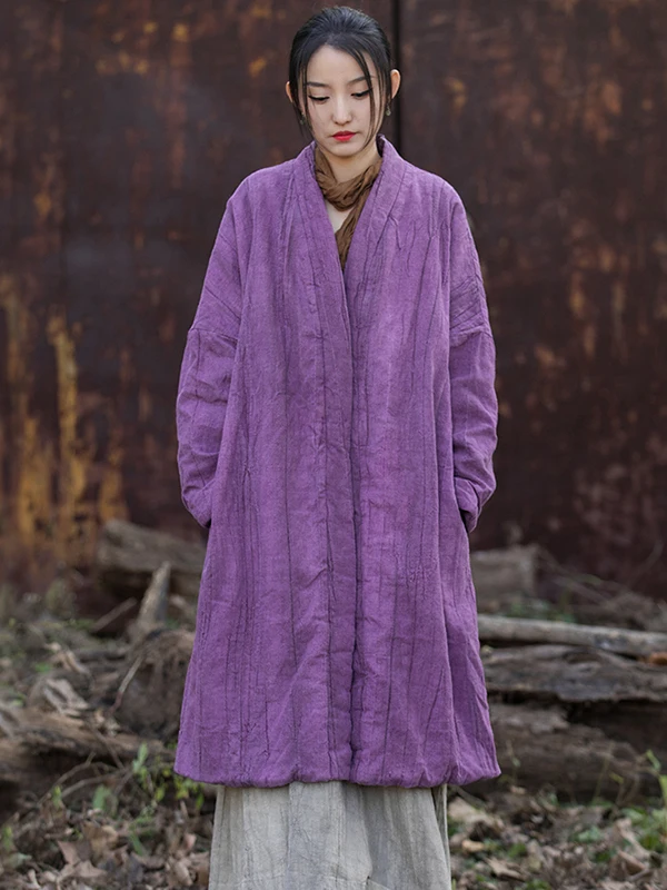 Original Cotton Linen Women's Vintage Chinese Style Warm Coat Long Sleeve V-Neck Thickened Autumn Winter Fashion Outerwear