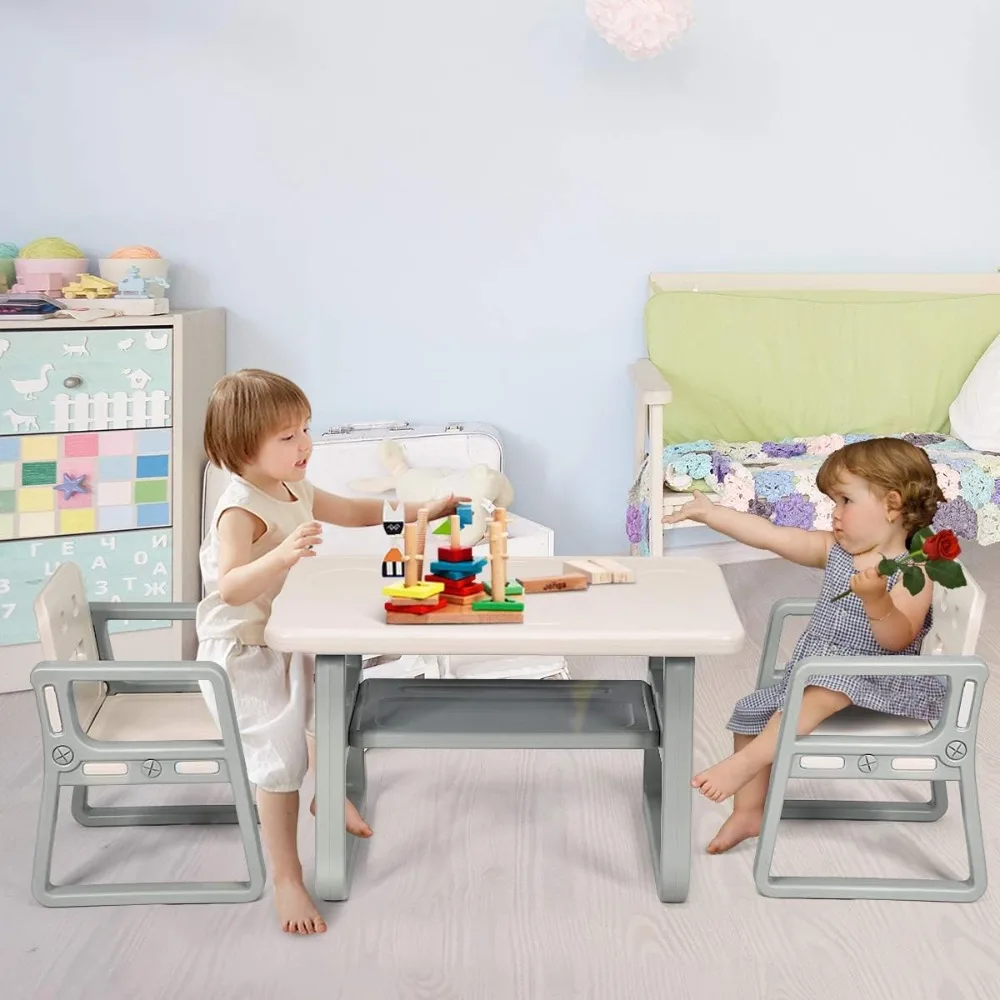 Juego de mesa y silla para niños, mesa de actividades y 2 sillas con estante de almacenamiento para artes, manualidades, lectura, dibujo, sala de juegos