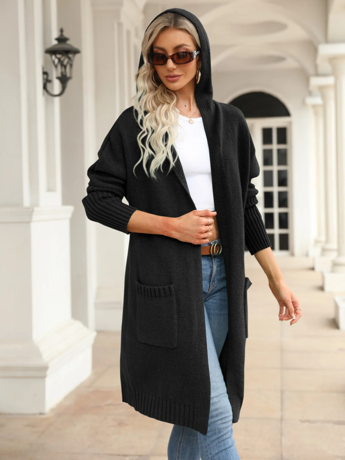 Hooded Open Front Long Cardigan Women Black Knitted Outerwears Tops Long Sleeve Pockets Sweaters Casual Loose Fashion Streetwear