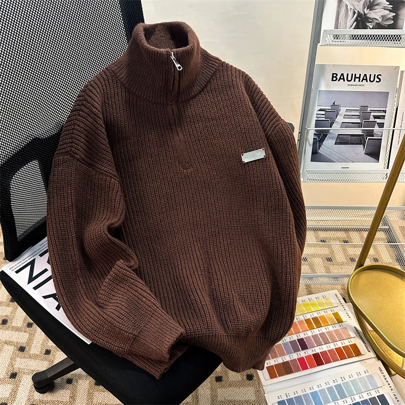 男性ハーフジップスタンドカラーセーター春秋の新日本カジュアルルーズ多用途プルオーバー怠惰なシンプルなレトロ固体トップス