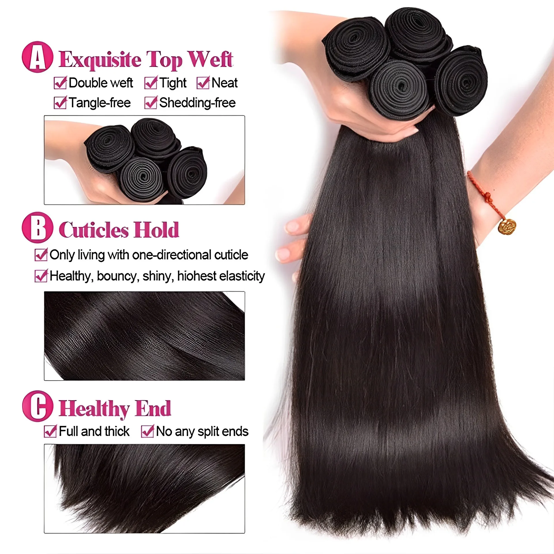 Beaufox-Peruvian Straight Pacotes de cabelo humano com fechamento, extensões naturais de cabelo preto, cabelo virgem, 3 Pacotes