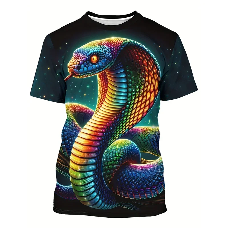 Cobra Snake Graphic T‑Shirt Colorful Rainbow Snake Print Short Sleeve Tee Animal Pattern Streetwear Casual Daily Tops For Men