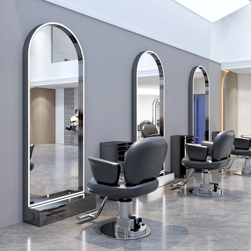 Italian Light Luxury Barber Mirror Modern Business Furniture Hair Salon Double-Sided Mirror LED Fill Light Fashion Floor Mirror