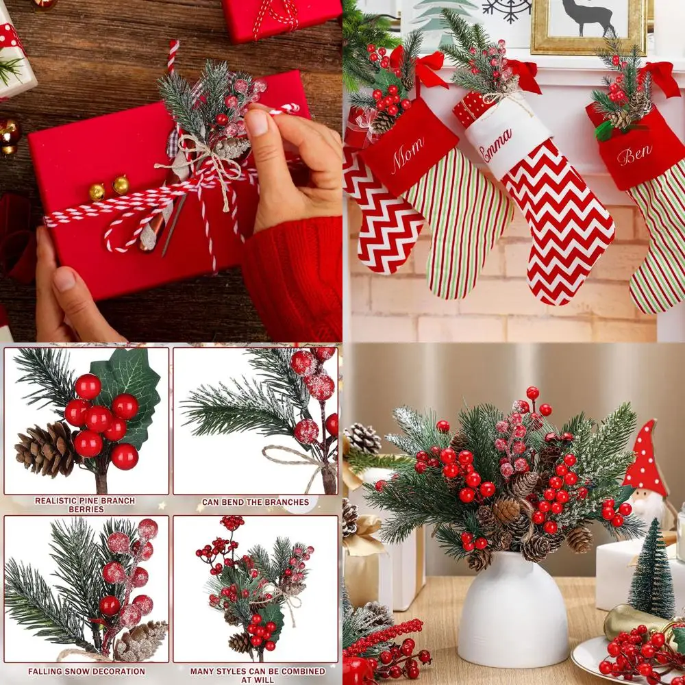 

50 Pieces Christmas Floral Picks Christmas Artificial Snowy Berry Picks Stems Small Faux Cedar Pine Needles Branche with Pinecon