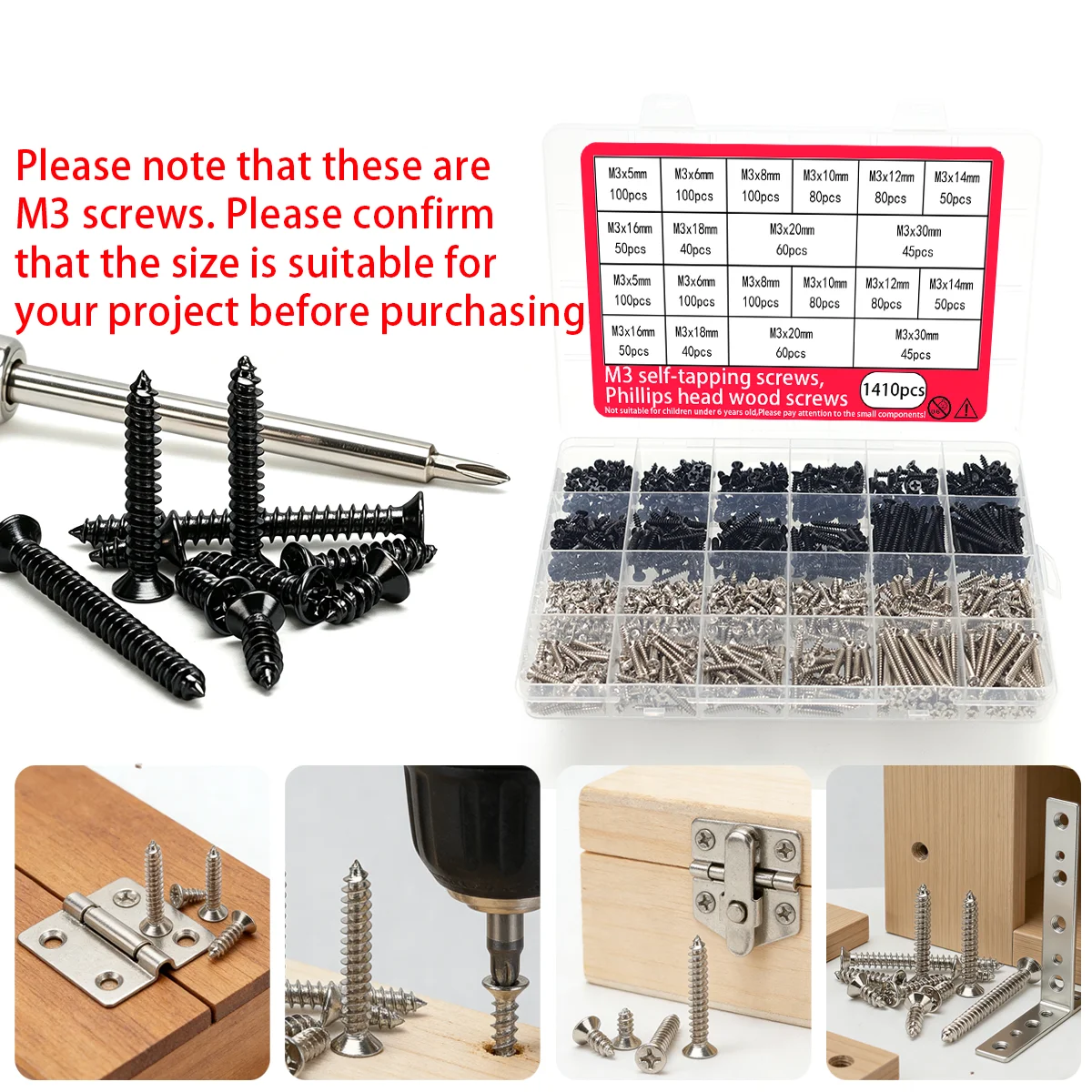 1410pcs M3 Phillips head countersunk self-tapping wood screw set, black and silver M3x5-M3x30mm multi-length woodworking screws.