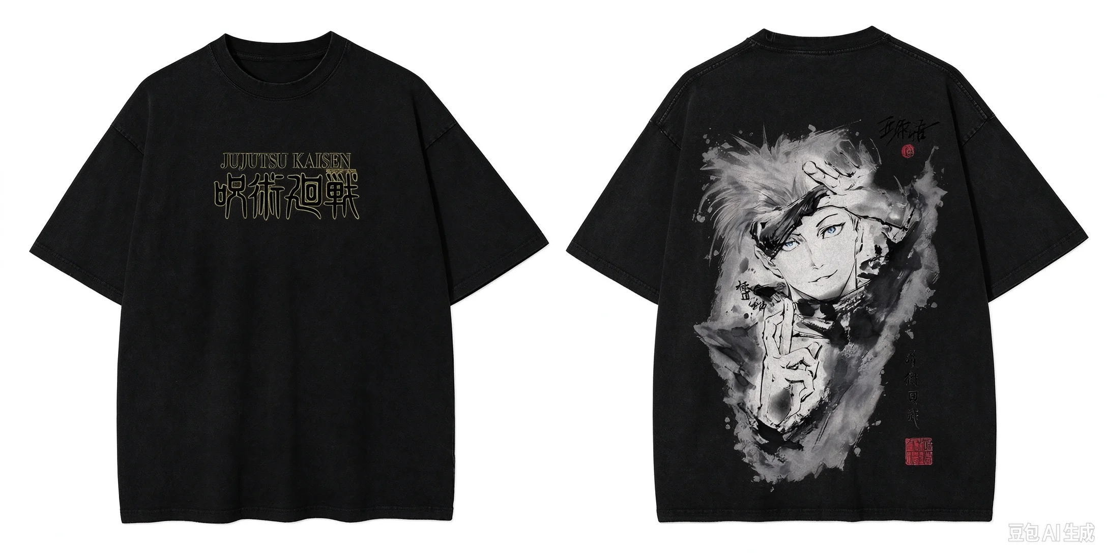 Front Back Ink Painting Male Portrait Graphic T-shirt Unisex Dual Sided Print Casual Summer Short Sleeve Anime Streetwear Top