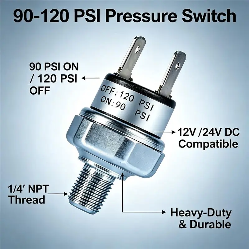 [Crisisbuy】 12V 24V DC Air Pressure Switch 90-120 PSI 1/4