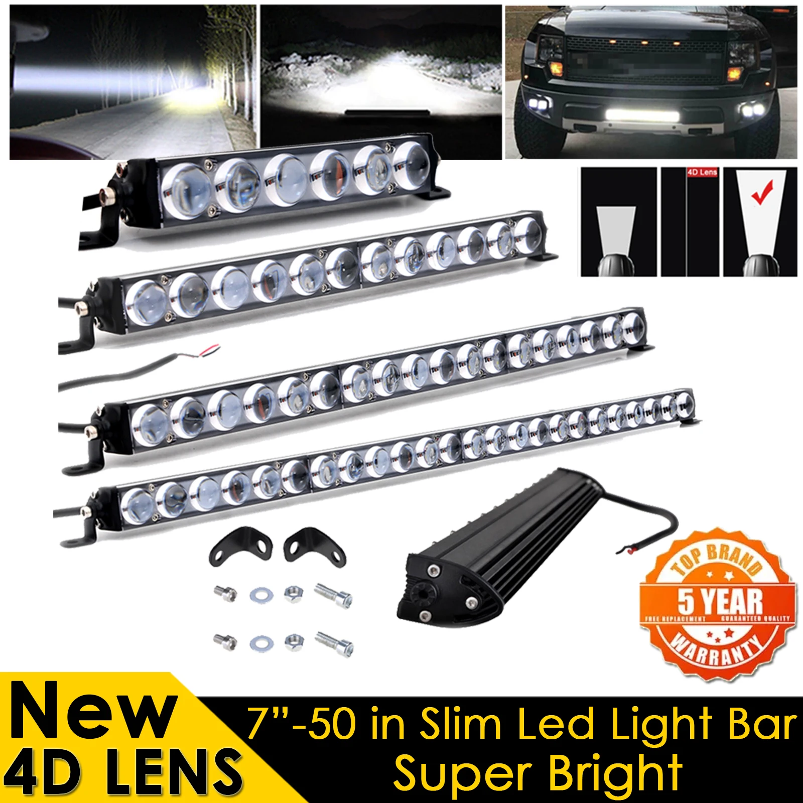 

4D Lens Led Light Bar 7 13 19 25 32 36 42 48 inch Slim Work Light Driving For 4x4 Motorcycle Offroad SUV ATV Boat UTV 12V 24V